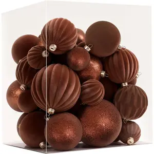 42 Pcs Mix Size Velvet Ornaments Christmas Balls, 4 Styles Shatterproof Flocked Velvet Christmas Balls Bulk, Xmas Decorative Hanging Ornaments (Brown)