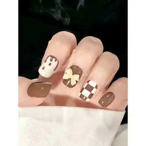 24pcs Full Coverage Nail Tips, Coffee Checkerboard Trendy Manicure, Detachable Short False Nails, Fashionable Nail Stickers