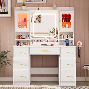Makeup Vanity Desk with Mirror and Lights - White Large Vanity Desk with 7 Drawers & LED Jewelry Cabinet, Vanity Table with Charging Station, Dressing Table for Bedroom