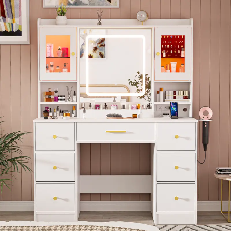 Makeup Vanity Desk with Mirror and Lights - White Large Vanity Desk with 7 Drawers & LED Jewelry Cabinet, Vanity Table with Charging Station, Dressing Table for Bedroom