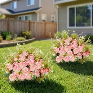 2 Set Artificial Boxwood Topiary Ball with Rose Flowers 19.7'' UV Resistant Faux Greenery Shrubs Bushes with Ground Spike for Wedding Indoor Front Porch Decor(Gradient Pink)