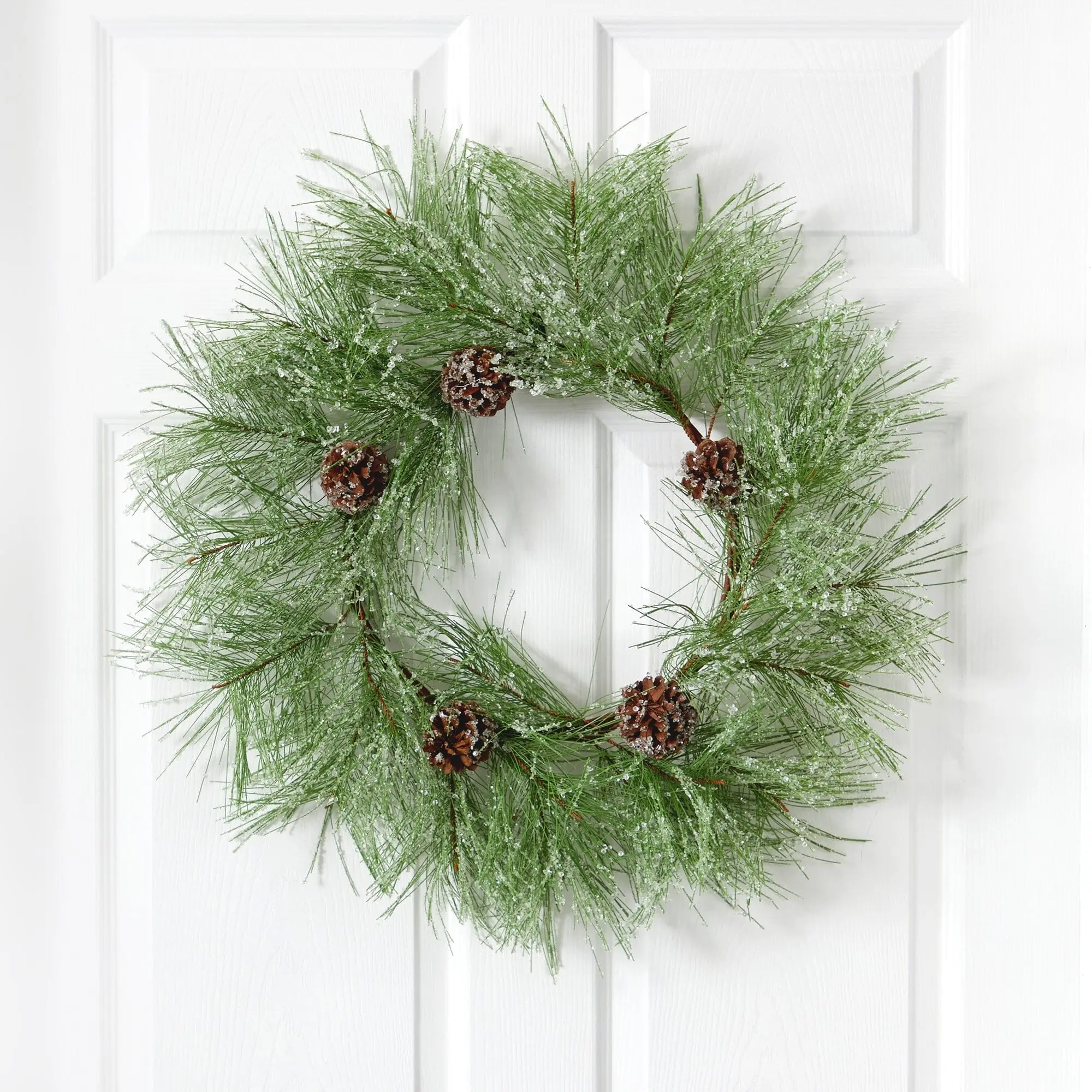24-in Traditional Synthetic Iced Pine Wreath with Pine Cones - Home Supplies, Artificial Leaves Wreaths, Garlands & Swags, Iced Look Front Door Decor, Home Wall Decor for Festive Decorating, Frosted
