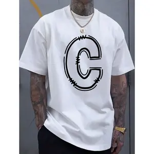 Men's Cotton C-Letter Geometric Print Short Sleeve T-Shirt - Relaxed Fit Round Neck Casual Top, Breathable Spring Summer Vacation Wear for Outdoor Activities & Leisure Outings, Trendy Graphic Tee,