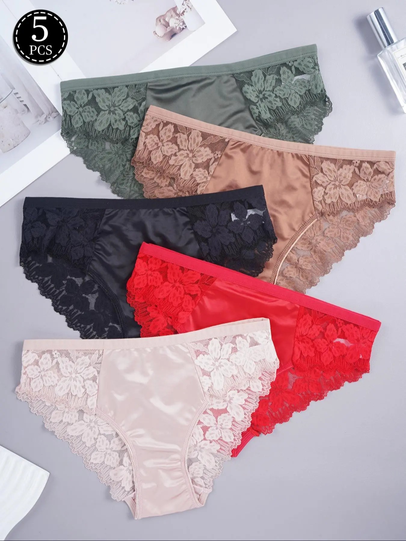 Women's French Luxury Triangle Panties Set, Floral Lace Patchwork High Stretch Satin, Soft Skin-Friendly All Sizes Comfortable Daily Wear, Lace Patterned Underwear, Knitted Stretch Underwear