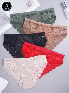 Women's French Luxury Triangle Panties Set, Floral Lace Patchwork High Stretch Satin, Soft Skin-Friendly All Sizes Comfortable Daily Wear, Lace Underwear