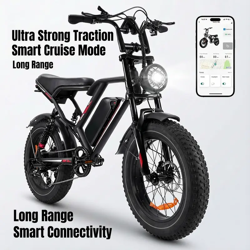 24/mo - Finance Electric Bike For Adults, Tank 20'' Fat Tire Ebike 48v 18ah Removable Battery 30mph 68 Miles Long Range Off Road Snow Beach Mountain Electric Bicycle
