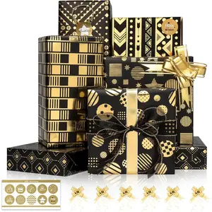 Wrapping Paper Set w/ Bow & Sticker, Metallic Black  Foil Wrapping Paper, Shiny Luxury Men Boys  Wraps for Birthday, Graduation,Holiday,  Shower, 6 Sheets 27.5x19.6in