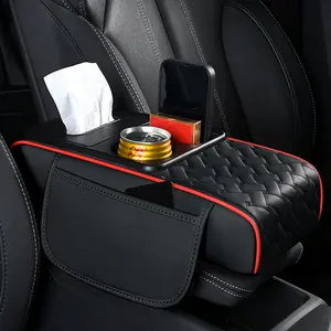 5 in 1 Universal Car Armrest Pad Center Console Box Cover Protector, 14*6.3*2.7 inch PU Leather Hand Rest Cushion with Cup Holder & 2 Pocket, Multifunctional Car Middle Center Console Armrest Cover Pad Mat Protector Top