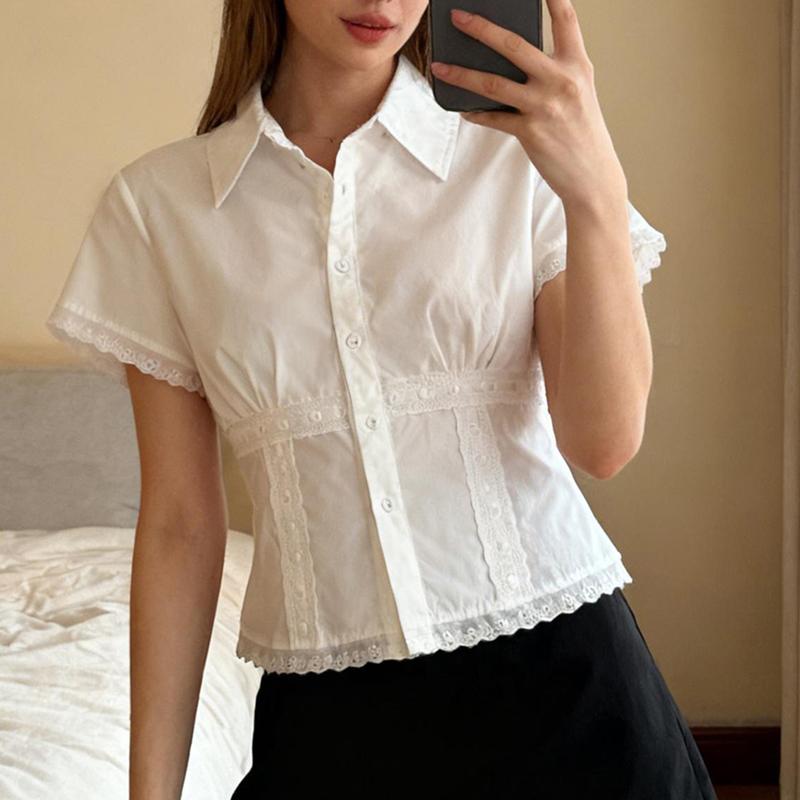 Women Lace Trim Summer BlouseFit Collared Short Sleeve Button-up Crop Casual Tops