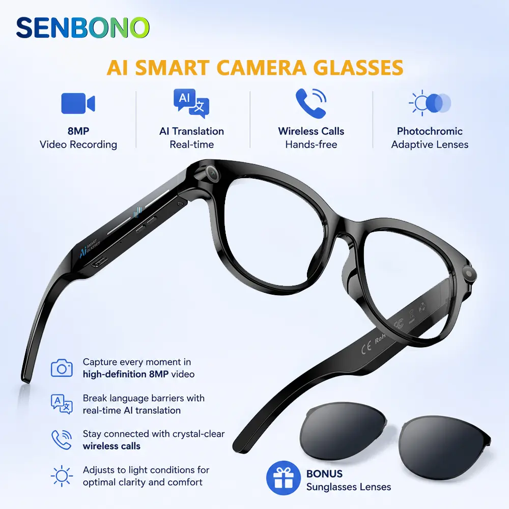 SENBONO Modern Rectangular Wearable AI Smart Glasses - 8MP HD Camera, AI Translation, Bluetooth Audio, Wireless Calls, Color-Changing, Hands-Free Recorder for Travel, Cycling