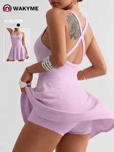 Women's Backless Tennis Dress with Built-In Shorts Tummy Control Ribbed Workout Mini Dress