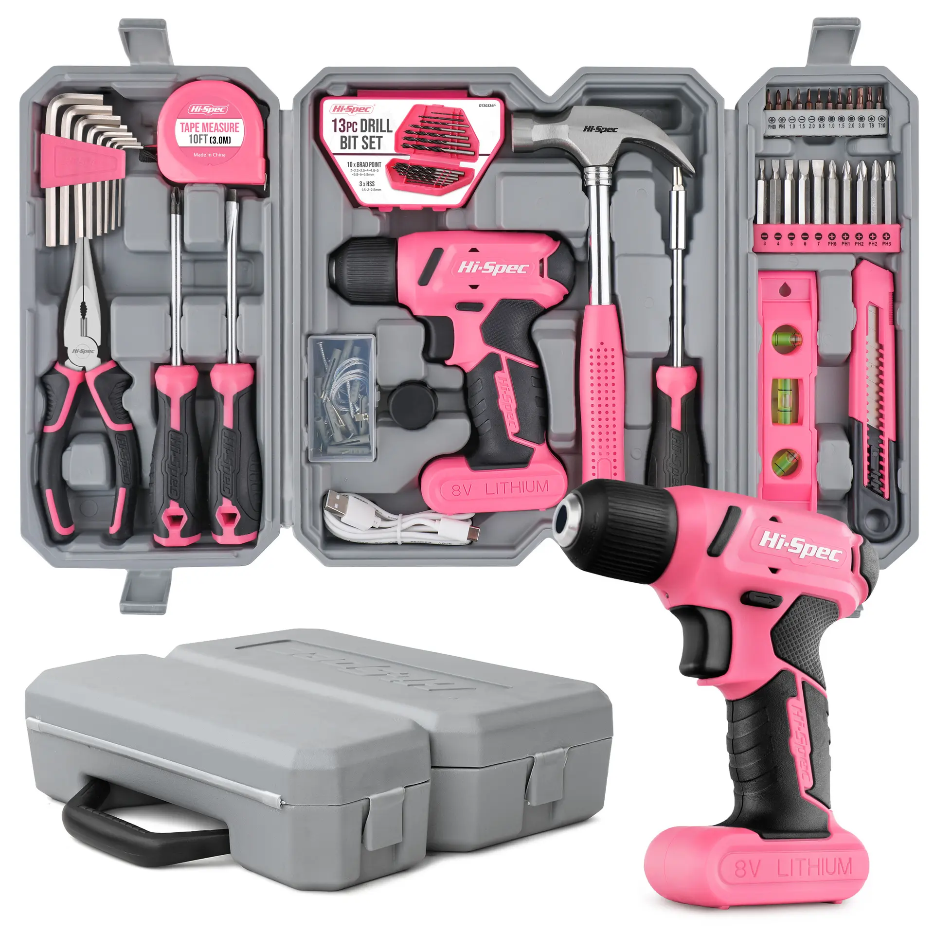 58 piece pink set, women's home DIY tool set. Screwdriver, drill bit kit accessories, pliers, and hammer, placed in the toolbox