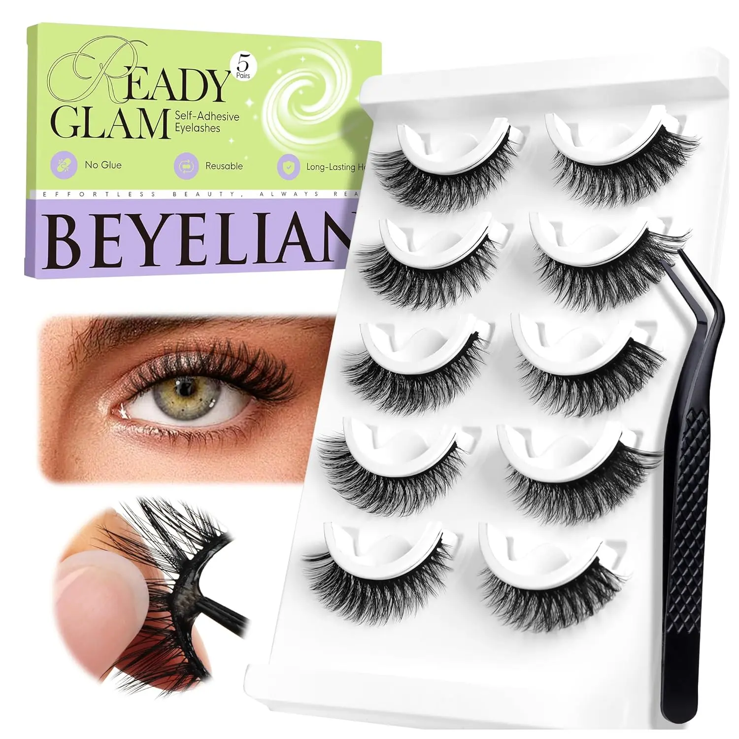 BEYELIAN Self Adhesive Eyelashes Natural Pre-glued Lashes | No Glue Needed Eyelashes Cat Eye Lashes Reusable Self Adhesive Lashes 5 Pairs (HX55)