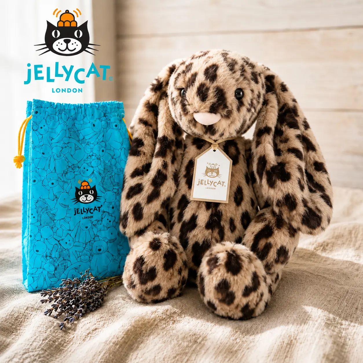 Jellycat Luxury Leopard Bunny Plush – Adorable Spotted Rabbit with Velvety Fur, Long Ears and Gift Bag, Collectible Present for All Ages