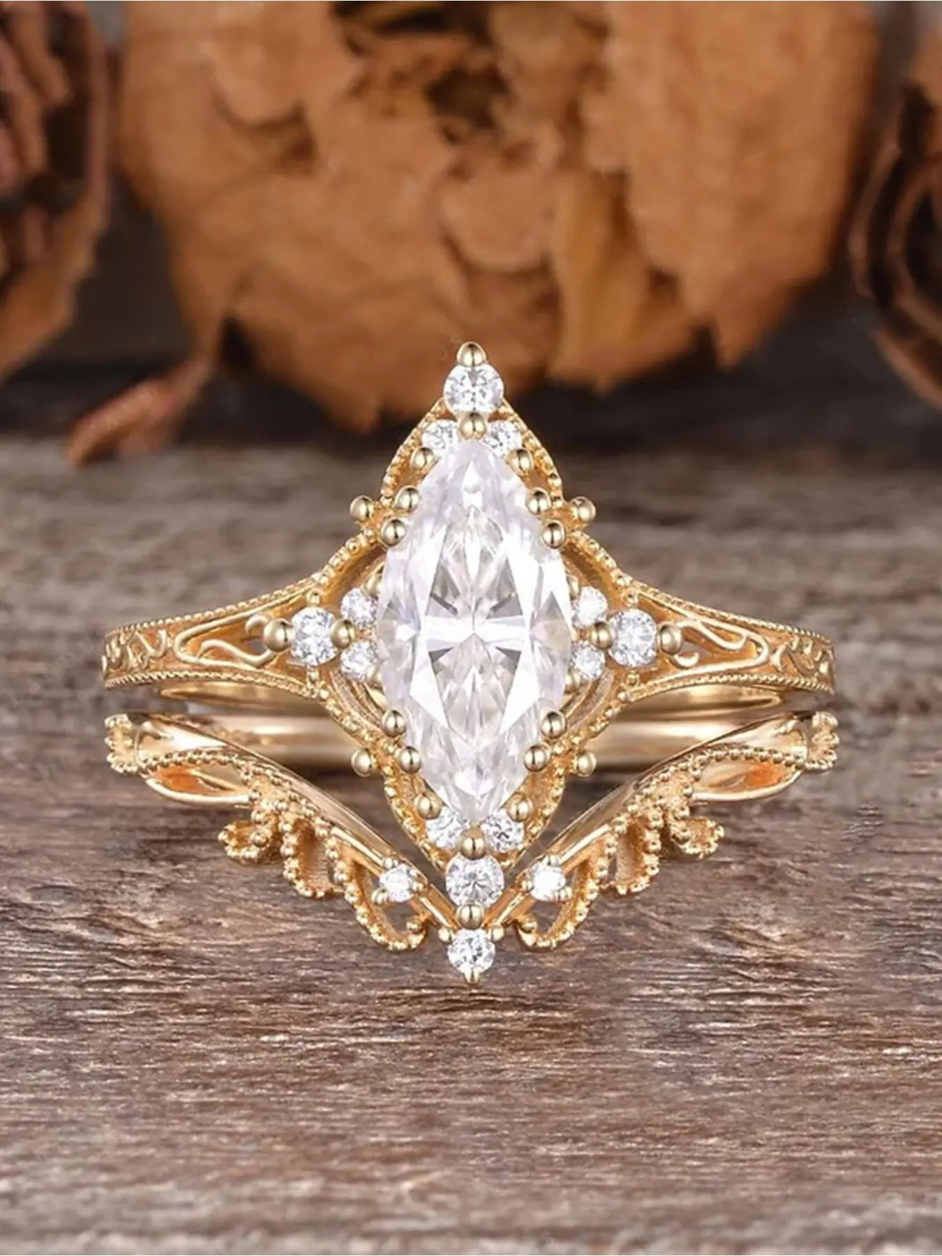 2Pcs Vintage Golden Plated Marquise Cut CZ Fashion Engagement Rings Set, Victorian Style Stackable Promise Rings for Women, Art Deco Engagement Jewelry