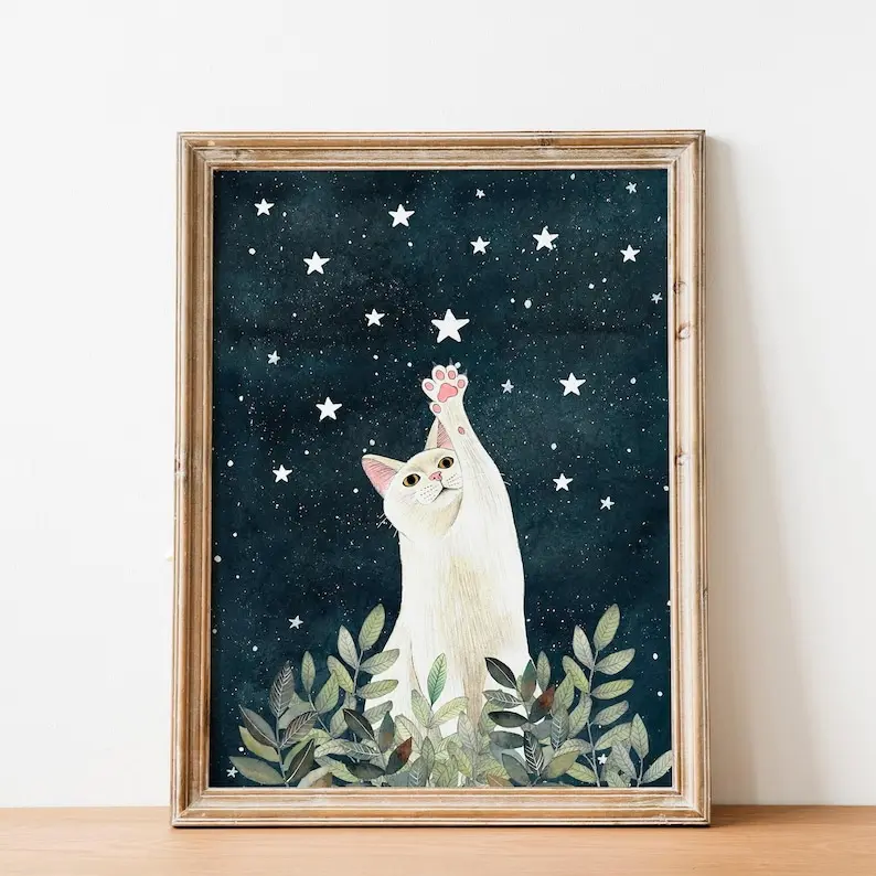 White Cat poster, Celestial Wall Art, Pet Memorial Gift, Kitten Painting