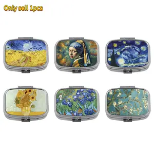 1pc Van Gogh Art Oil Painting 2-Compartment Pill Case Starry Night Medicine Organizer Supplement Organizer Decorative Rectangle Pill Box for Pocket Van Gogh Inspired Design
