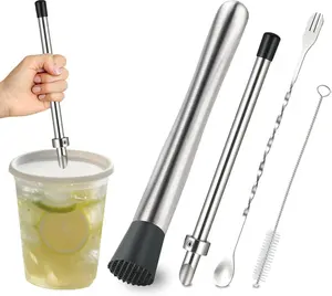 4Pcs Straw Puncher and Muddler Spoon Set 304 Stainless Steel Straw Hole Puncher for Plastic Lids Lemonade Cups Tools for Lemonade Stands Supplies