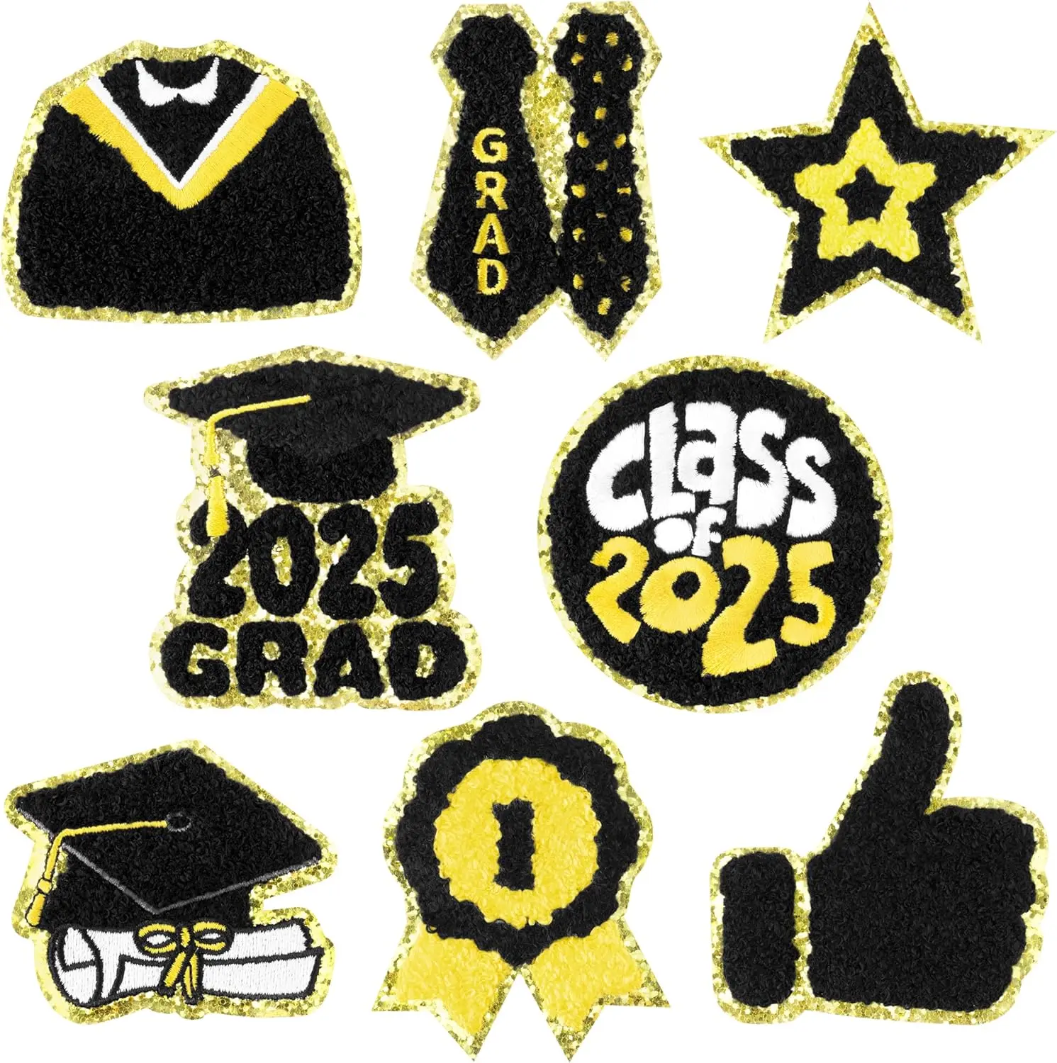 8 Pcs Graduation Chenille Patches Glitter Class of 2025 Congrats Grad College Sew Iron on Repair Embroidered Applique DIY Crafts Decorative Gifts for Students Clothing Jacket Jeans Backpack Hat