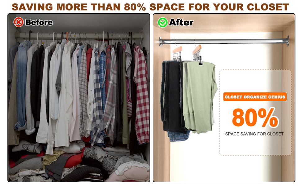 Legging Hanger for Closet Organizer with 10 Clips ,2 Pack Wooden Yoga Pants Hanger Holds 20 Leggings, Space Saving Hanging Closet Organizer w/Rubber Coated Closet Organizers and Storage,Clothes Hanger with Clips for Bra,Belt,Sock,Hat Hanging Organization