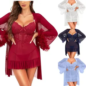 Women Sexy Lingerie Set 2 Piece  Lace Strap Chemise Sleepwear Mesh Nightgown