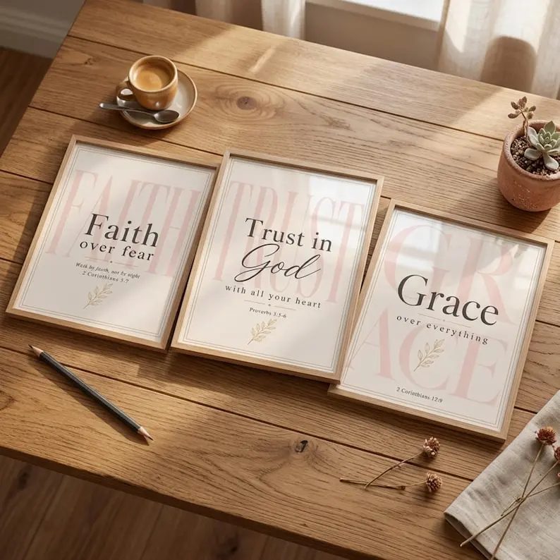 Women's 3-Piece Bible Verse Printable Wall Art Set Unframed - Faith Over Fear, Trust in God, God is Within Her - Blush Pink Neutral Christian Home Decor Prints