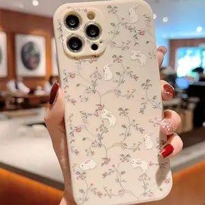 Cute Rabbit & Flower Pattern Phone Case, TPU Decorative Phone Protector Cover, Phone Accessories Compatible with iPhone 15 14 13 12 11 Plus/Pro/Pro Max