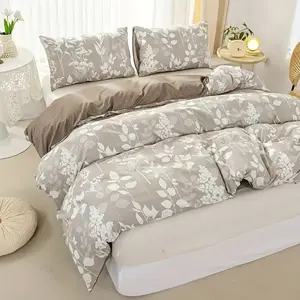 3-Piece Camel Color Plant Leaf Print Bedding Set, Includes 1 Fitted Sheet & 2 Pillowcases, Breathable Fabric, All-Season Use, Easy Care