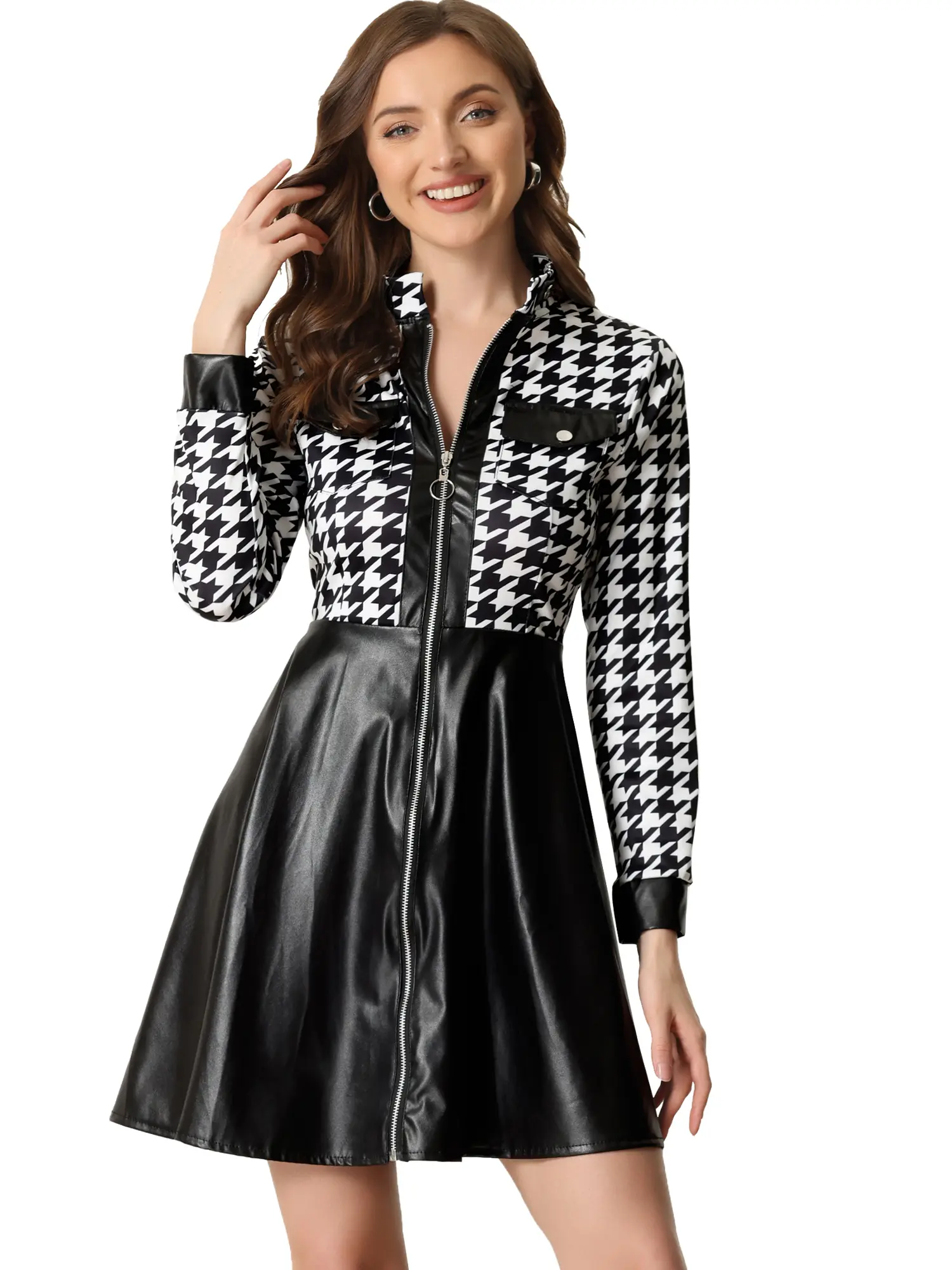 INSPIRE CHIC Women's PU Faux Leather Houndstooth Patchwork Zipper Up Club Party A-Line Dress Black