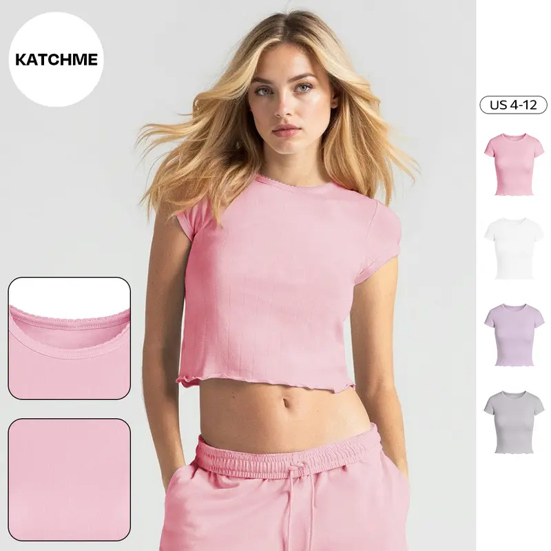 KatchMe Women's Casual Solid Color Round Neck Short Sleeve Crop Top, Lady Minimalist Top for Daily Holiday Wear, Summer Curved Edge Basic Womenswear