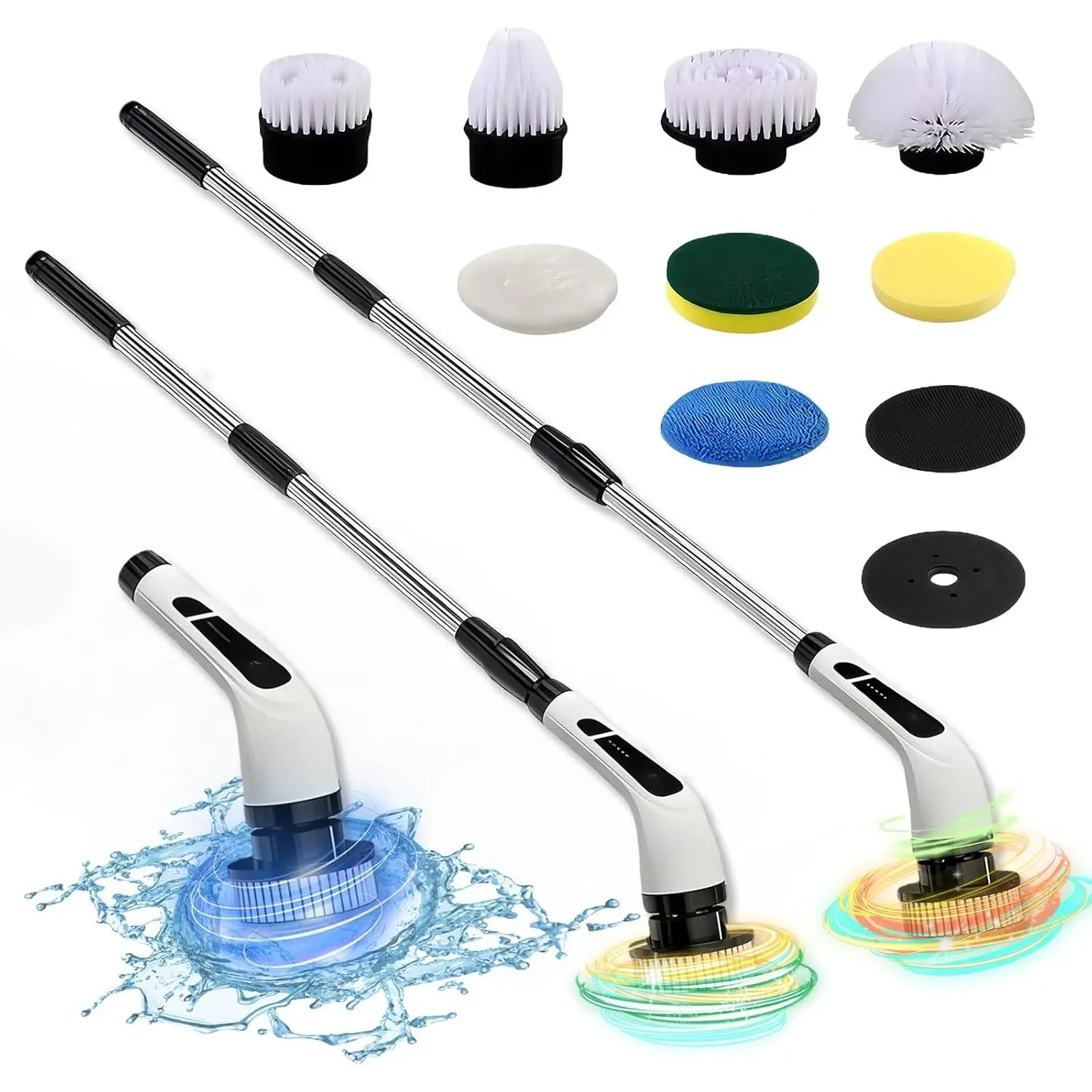 Plastic Cordless Electric Spin Scrubber - Long Handle Bathroom Makeup Tool, 9 Replaceable Heads, 2-Speed Settings, Long Battery Life, Modern White Design