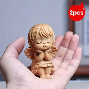 2Pcs Hand Carved Sandalwood Angel Figurines, Mini Winged Angel Statues, Home Desk Decor & Gift
