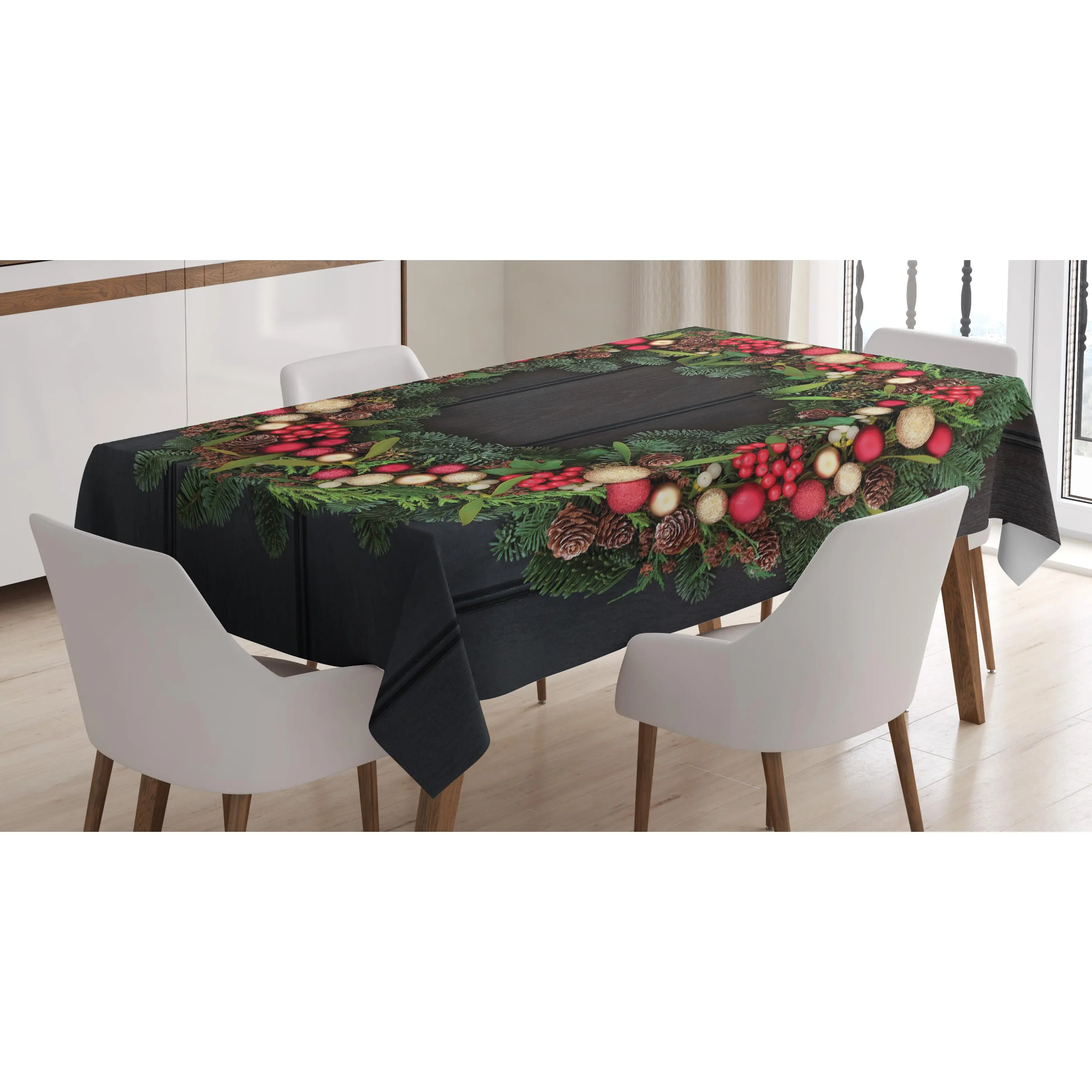 Christmas Tablecloth, Christmas Wreath Design with Little Baubles Mistletoe Spruce Fir Dark Oak Image, Rectangular Table Cover for Dining Room Kitchen Decor, 52" X 70", Multicolor