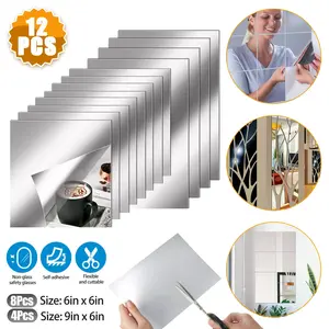 12PCS Self Adhesive Mirror Reflective Wall Sticker Film Paper Home Kitchen Decor Decorative Household