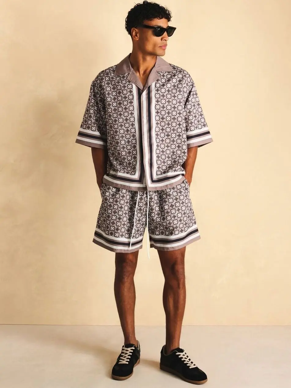 Men's 2 piece sets - Men's Tile Print 2-Piece Short Set, Breathable Camp Collar Shirt & Matching Shorts Summer Beach Outfit men shorts summer clothing trending clothing trending clothes male clothing shorts for the summer men 2 piece sets