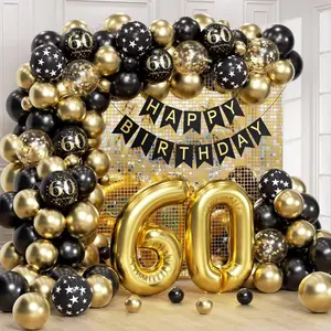 60Th Birthday Decorations For Men Woman With Happy 60Th Birthday Decorations Banner 60 Balloon Number, Black And Gold 60Th Birthday Balloons Kit For 60Th Birthday Party Decorations