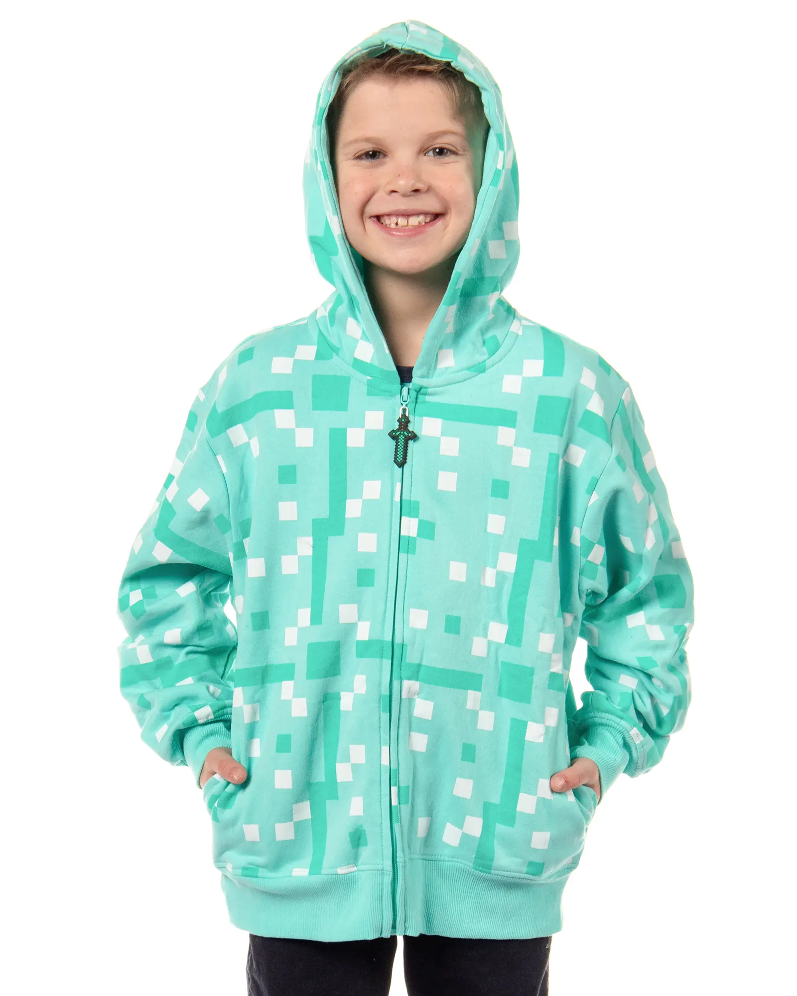 Mad Engine Minecraft Boys' Diamond Steve Allover Pixelated Design Big Kids Full-Zip Hoodie  Rubber Sword Zipper Pull (X-Large)