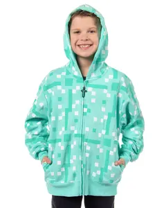 Mad Engine Minecraft Boys' Diamond Steve Allover Pixelated Design Big Kids Full-Zip Hoodie  Rubber Sword Zipper Pull (X-Large)