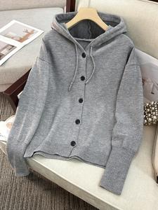 women's plain button front drawstring hooded cardigan, casual drop shoulder long sleeve knitwear for fall & winter, women's knit clothing for daily wear