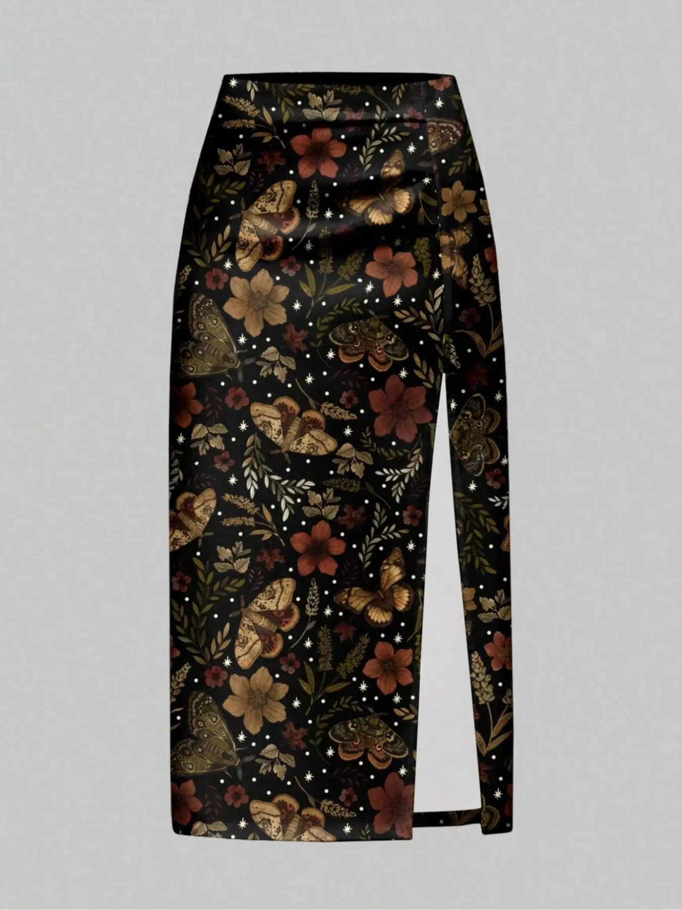 Hippie Autumn Forest Dark Witch Floral Plant Leaf Print Woven High Slit Midi Skirt, Women's Casual A-Line Dress, Fall Fashion Clothing