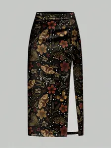 Hippie Autumn Forest Dark Witch Floral Plant Leaf Print High Slit Midi Skirt, Women's Casual A-Line Dress, Fall Fashion Clothing