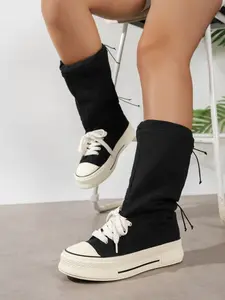 High Top Canvas Boots for Women, Adjustable Street Style Fashion Sneakers, Comfortable All-Seasons Design, Unique Patchwork Pattern