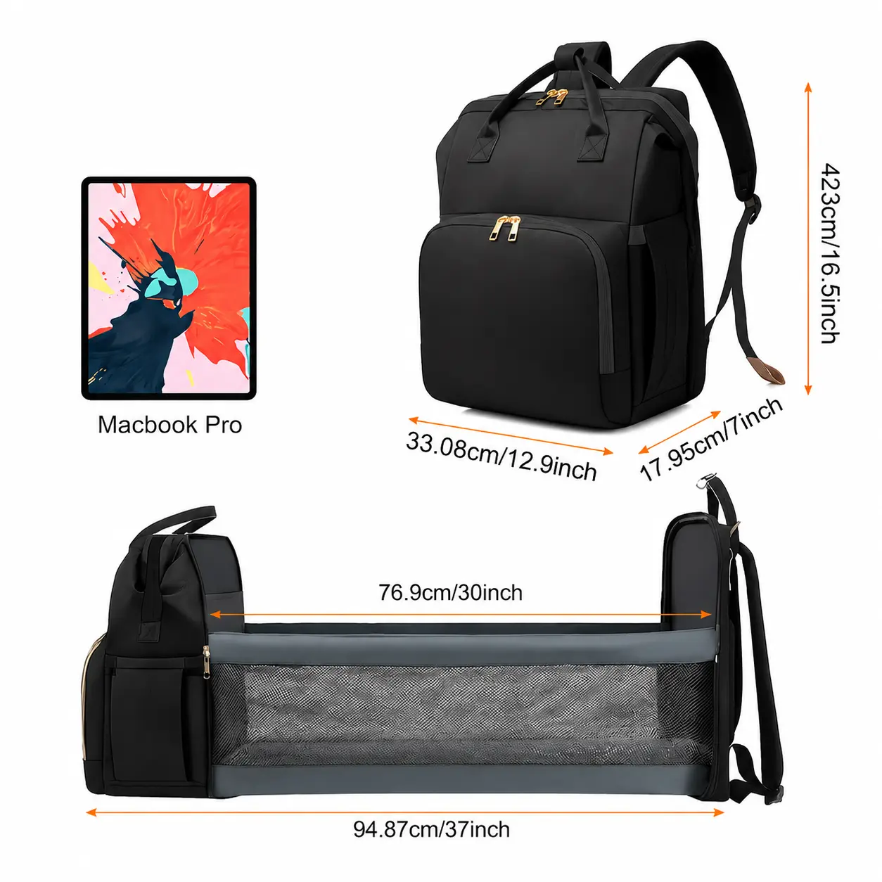 Diaper Bag Backpack with Changing Station, Large Capacity Waterproof Maternity Travel Backpack for Mom & Dad, Insulated Bottle Pockets, Laptop Compartment, USB Charging Port, Stroller Straps, Baby Essentials Organizer, Black