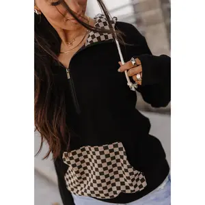 HalfZip Sweatshirt - New Horizons | Womenswear Zip Hoodie Black Tan Checkered | Soft Stretchy Casual | Plus Size