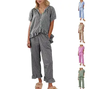 Women's two-piece Y2k checkered pajama set with ruffled gold yellow short sleeved shirt, high waisted flared pants, casual pants, cute and soft set(Sheet)
