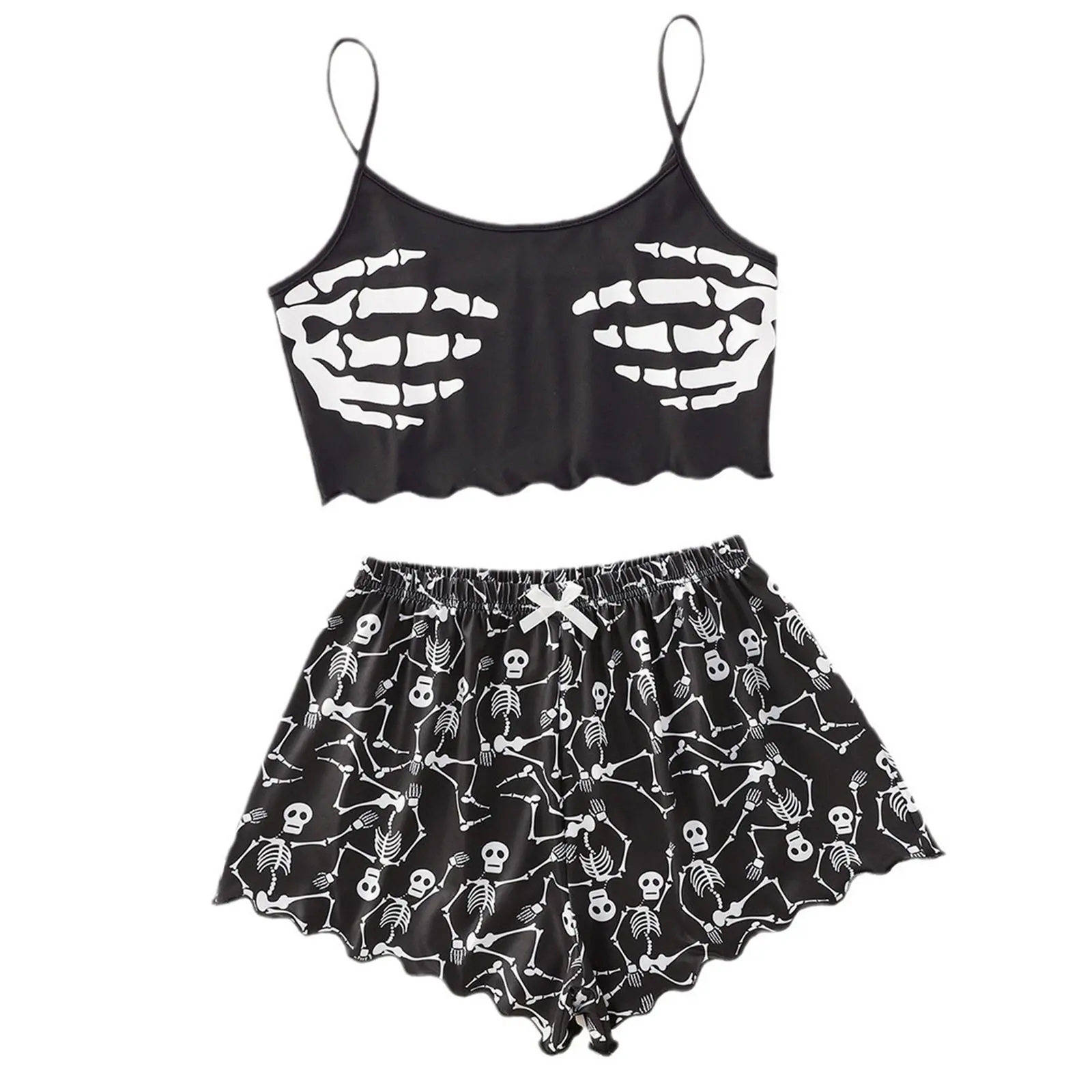 Women's 2-Piece Matching Cartoon Printed Skeleton Lingerie Set - Scalloped Camisole, Tank Top, Shorts, Comfortable Nightwear, Sizes S-XL, Pajama Set