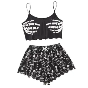 Valentine's Day Women's Pajama Tank Top and Shorts - Cool Cartoon Skull Prin Scalloped Cami Tank Top and Shorts Pajama Loungewear Set (S/L)