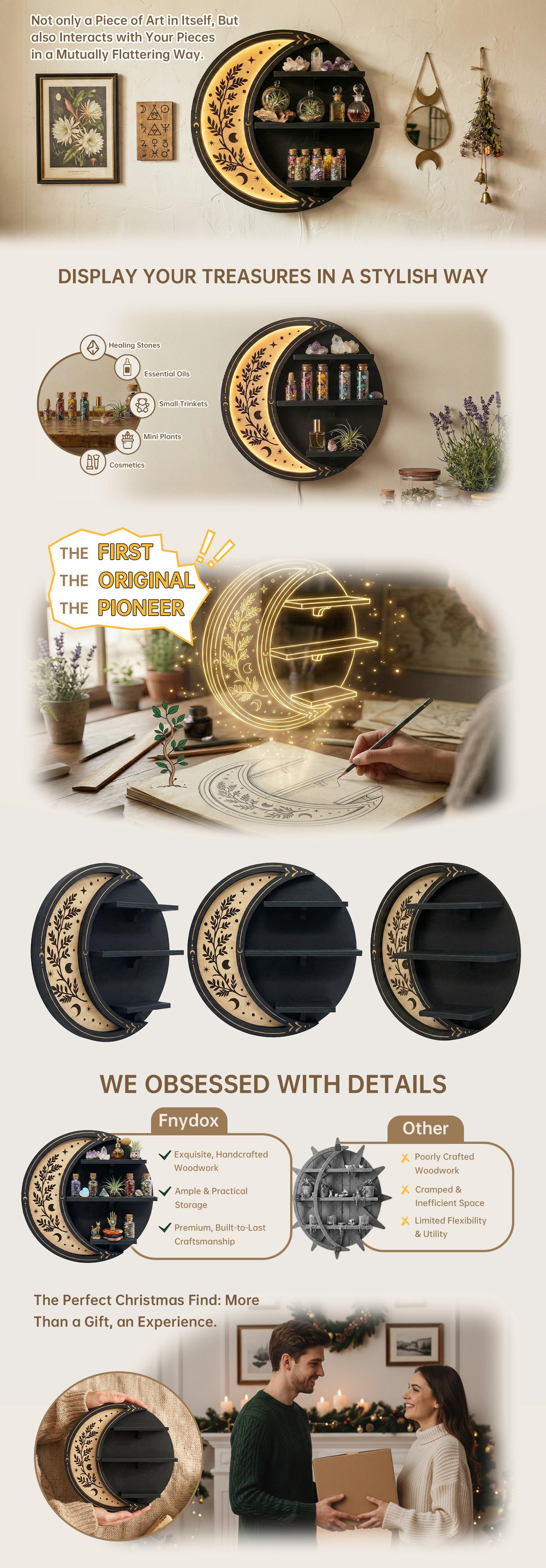 FNYDOX Wall Shelves for Bedroom, Crescent Moon Shelf with LED Light, Witchy Whimsical Celestial Room Decor Aesthetic, Whimsy Moon Phase Shelf for Trinket Knick Knack Crystal Rock Gem Healing Stone Essential Oil