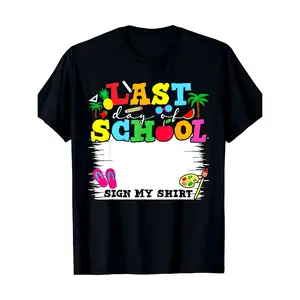 [100% Cotton] 100% Cotton Last Day of School Sign My Shirt T-Shirt - Teacher & Student Signature Panel with School Icons (Pencils, Books) - Comfort Fit Short Sleeve Round Neck Casual Top for End of Year Parties & Classroom Celebrations
