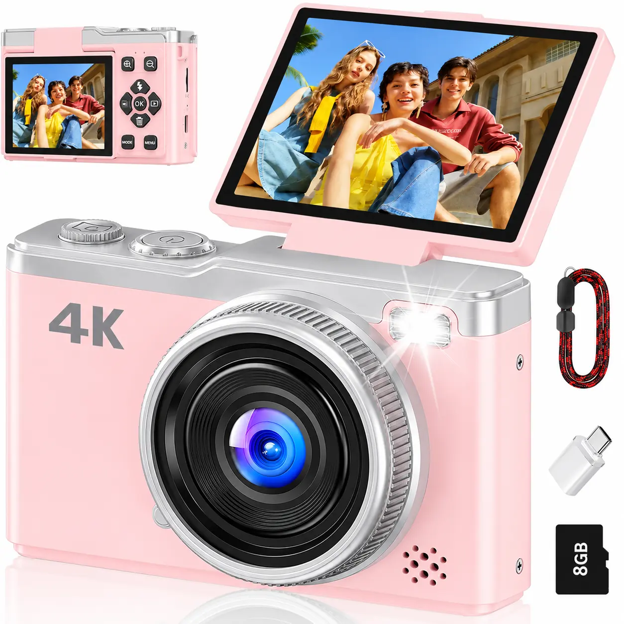 Compact 4K Point & Shoot Digital Camera (White) - 64MP Interpolated Resolution, 16X Zoom, 2.4-Inch 180-Degree Flip Screen, 8GB SD Card, MicroSD Slot, Expandable Storage, Type-C Rechargeable, Recording Capability